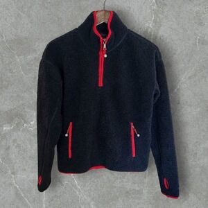 Brooks Brothers Women's Teddy Fleece Pullover Jacket Quarter Zip Navy Red Trim S